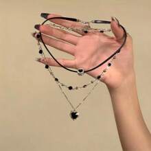 Black Heart Multi-Layer Pendant Necklace, Minimalist Luxury Charm Necklace, Elegant Women's Necklace, Black Heart Leather Necklace, Chic And Sweet Black Leather Rope Clavicle Chain, Suitable For Daily Wear, Parties And Dates