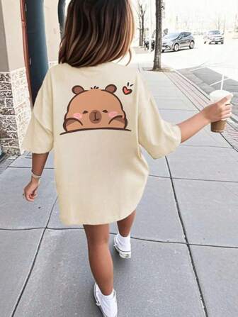 T-shirt court à col rond imprimé abricot, décontracté pour filles et étudiantes adolescentes, été