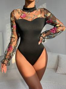 1pc Elegant Vintage Floral Embroidery Mesh Puff Sleeve Bodysuit For Women
