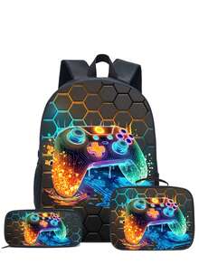 3件套游戏主题背包套装（黑色/荧光色/彩色），包含手提包、铅笔盒和收纳袋 - 耐用涤纶材质，轻便时尚，混色设计 - 彩色 - 查看 14