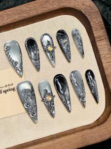 10 Peças Unhas Postiças de Estilo Legal, Pontiagudas, de Aparência Natural, Fáceis de Colocar e Aplicar para Mulheres e Meninas, Suprimentos de Salão de Unhas