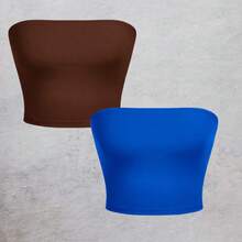 KIT 2 Basic Tube Cropped Top For Women, Strapless, Double Fabric, Without Pads - Royal Blue + Brown - View 2