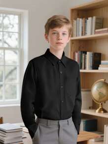 Boys And Teenagers Black Long Sleeve Formal Shirt, Classic Dress Shirt For School Opening, Graduation, Performance, Party, Holiday