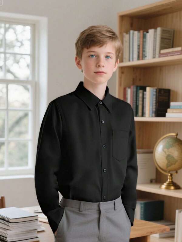 Boys And Teenagers Black Long Sleeve Formal Shirt, Classic Dress Shirt For School Opening, Graduation, Performance, Party, Holiday