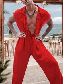 Enterizo para Hombre Largo de Escote V de Corte Holgado con Detalle de Nudo - Rojo - Ver 2