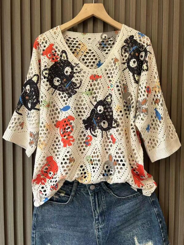 Cat Graphic Print V-Neck Hollow Casual Knit Top, Spring And Summer