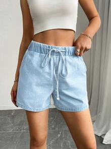 Mobula Sound#Sexy Music Festival Casual Vacation Fashion Elegant Women Blue Denim Loose Elastic Waist Shorts, Xuân/Hè - Màu xanh nhạt - Xem 4