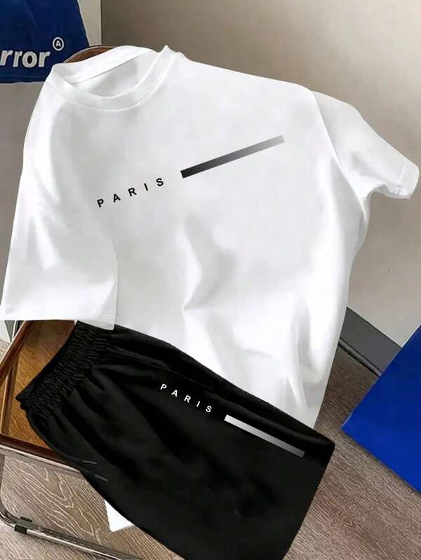 Teen Boys 2K Design Casual Sports Paris New York Handsome Street Handsome Versatile Pattern Black T-Shirt Shorts Suit