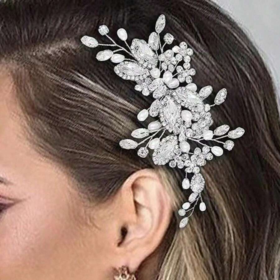 1pc Crystal Hair Clip, Bridal Wedding Party Hair Accessories, Women & Girls Pearl Hair Slides Valentine's Day Accessories - Silver - View 1