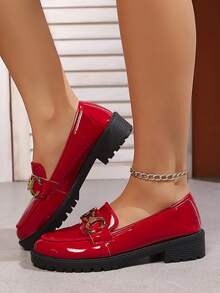 Women's Fashion Bow Decor Loafer Shoes, Shiny Metal Buckle, School Style Flat Shoes - Red - View 2