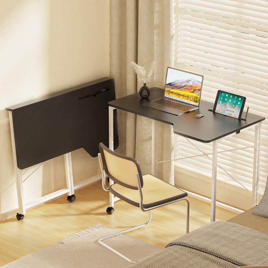 Scrivania per computer, in legno e metallo, per ufficio, portante, con slot per schede e funzione pieghevole, 90x56x75cm - nero - Visualizzare 1