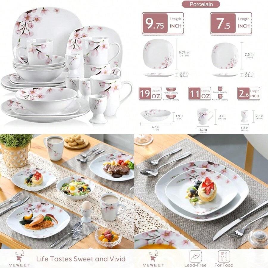 'Annie' 20Piece Dinner Set Ivory White Porcelain Pink Floral Pattern Kitchen Decor Dinnerware Set Including Egg Cups Mugs Bowls Dert Plates Dinner Plates Service For 4 - 20-Piece - View 1