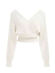 1PC Sexy Women's Knit V-Neck Solid Wrap Crop Long Sleeve Top