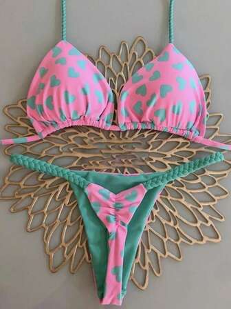 Women's Backless Tie-Up Bikini Set With Heart Print And Thong, Casual Stretchy Swimwear