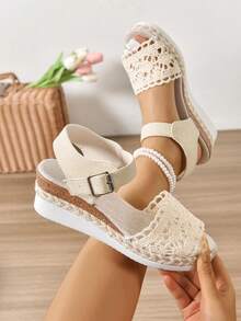 女士夏季新款厚底坡跟凉鞋，轻便舒适休闲鞋，镂空踝带，高跟 - 米色 - 查看 4