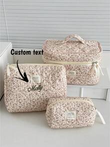 Custom Embroidered Quilted Makeup Bag With Pink Bow & Rose Design – Personalized Bridal Shower, Mother's Day & Valentines Gift, Large Capacity Travel Organizer For Sanitary Napkins, Cosmetics, School Essentials, Summer Beach Vacation Accessories Christmas And Halloween Gifts - Multicolor - View 2