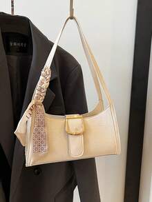 1pc Crocodile Embossed Strap Decor Minimalist Fashion One Shoulder Baguette Bag With Scarf - Beige - View 4