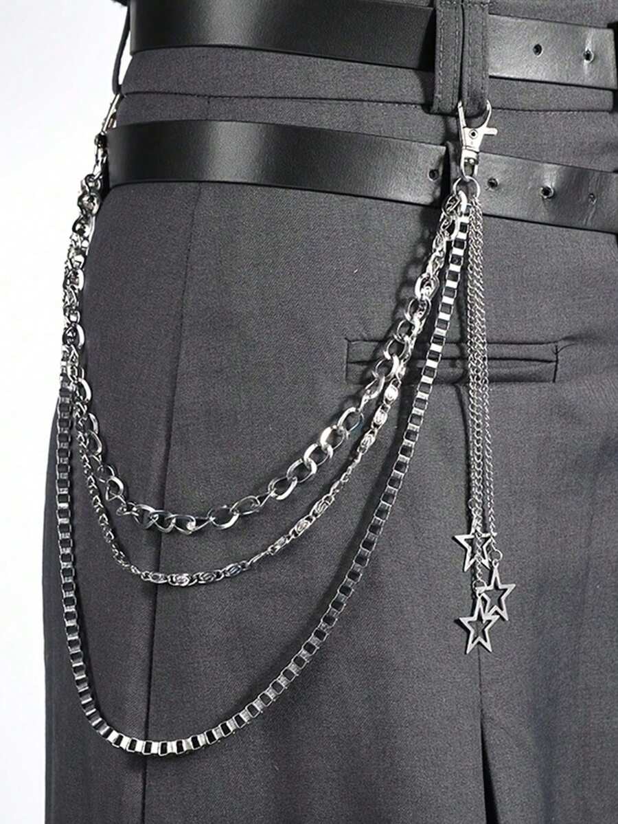 1pc Unisex Punk Rock Star Pendant Waist Chain, 3-Layer Tassel Hip Hop Metal Chain, Suitable For Casual Wear