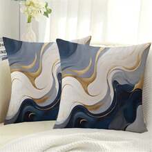 2 件抽象波浪枕套 - 蓝色、灰色、金沙图案，涤纶面料，拉链开合，可机洗，适用于沙发、床、办公室、汽车和家居装饰、派对装饰、现代装饰拉链枕套（无枕芯）