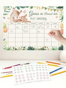 The Arrival Date Of The Baby Shower Games Deer Poster Butterfly Stickers Due Date Calendar Sign For Boy Or Girl Gender Reveal Home Party Atmosphere Decoration Props - Color - View 3