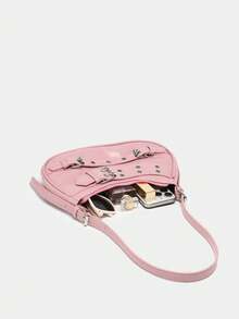 1pc Retro Vintage Pink Patent Leather Y2K Gothic Fashionable Rivet Decoration Block Decor Shoulder Bag, Versatile For Daily Commute In Spring/Summer - Pink - View 6