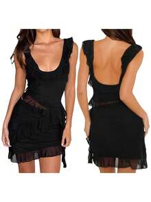 Women 2 Piece Mini Skirt Set Sleeveless U Neck Backless Irregular Hem Vest Ruffled Short Skirt Summer Y2K Going Out Outfit - 黑色 - 查看 2