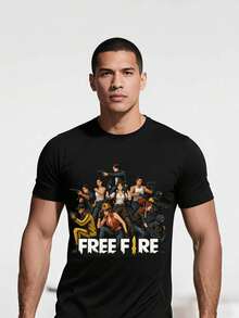 Hombres Playeras Negra Camiseta con Estampa del Juego Free Fire - Negro - Ver 1