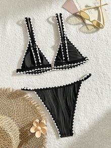 Bikinx Multi-Color Contrast Floral Trim Halter Neck Tankini Swimsuit - Black and White - View 2