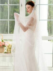 1 件奢华手工珍珠串珠超长拖尾新娘面纱，婚纱配饰 - 白色 - 查看 2