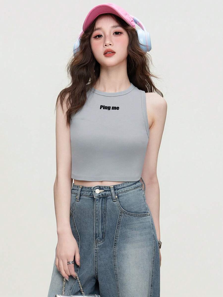 女士棉质无袖短款背心，修身美式风格，百搭夏装 - 23CH1114淺藍色 - 查看 1