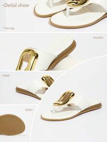 Damen weiße Flache Sandalen, Rundkappig, Mode & Komfort, Metall Dekor, Slip-On Lässig Pantoffeln - Weiss - Übersicht 8
