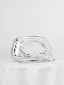Bolso de mano vintage de metal en forma de caja, bolso de noche, bolso de fiesta, bolso de vestir formal, bolso de mano para fiesta de baile con cadena para mujer - Plateado - Ver 4