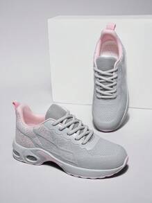 Women's Light Pink Grey Round Toe Lace Up Sneakers Breathable Shock-Absorbing Casual Shoes