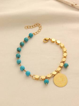 1pc Vintage Copper Plated Beaded Coin Tasseled Handmade Chain Bracelet, Suitable For Women's Daily Wear And Holiday Gifts