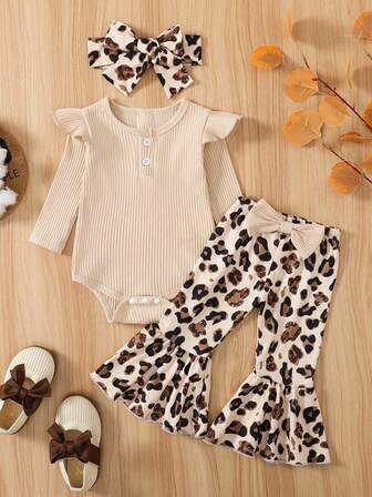 2 件套女婴罗纹盖袖连体衣 + 豹纹蝴蝶装饰喇叭裤婴儿服装