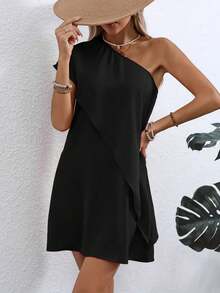 Lightweight Polyester Elegant Asymmetric Off-Shoulder Dress - Women's Fitted Casual Style