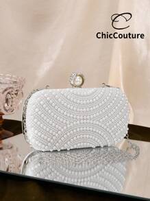 Geantă de seară elegantă, versatilă, cu perle artificiale, model picătură de apă, tip mini-clutch pentru femei, geantă de seară rafinată, geantă de petrecere retro de lux cu cristale, potrivită pentru nunți romantice, gale, baluri, petreceri formale de Crăciun, vine cu lanț