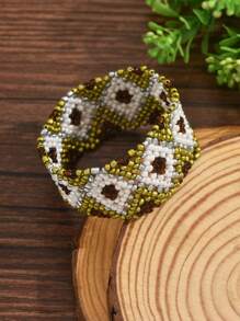 1pc Bohemian Style Beaded Elastic Bracelet For Women (Bead Color And Floral Pattern May Vary Slightly)