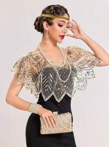 1 pièce Étole élégante vintage des années 1920 avec sequins et perles - 100% polyester respirant, pullover enveloppant avec élasticité, motif à rayures brodé, cape décorative pour soirée pour femmes