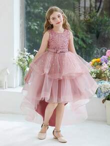 少女优雅亮片拖尾薄纱公主裙，适合生日派对、婚礼、花童、舞会、节日场合 - 粉色 - 查看 2