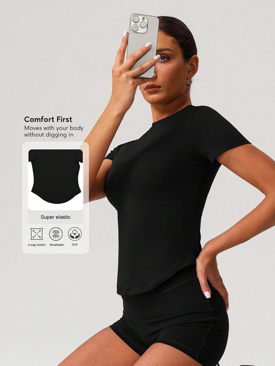 Sodalemon 女士休闲户外训练短袖跑步健身运动T恤 - 黑色 - 查看 1