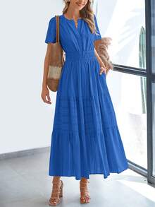 Womens Summer Maxi Dresses Short Sleeve High Waist Tiered Flowy A-Line Boho Bohemian Beach Long Dress Holiday Vacation Beach Valentine Long Dress Outfit - 藍色 - 查看 1