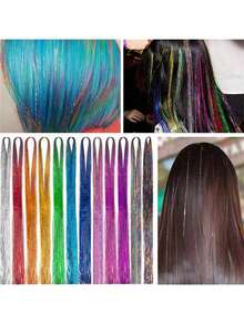 12pcs/Set Metallic Hair Tinsel Extensions, Suitable For Girls 7600 Strands Holographic Metallic Hair Tinsel, Heat Resistant, Colorful Hair Sparkle For Party/Festival (12 Colors) - Multicolor - View 6