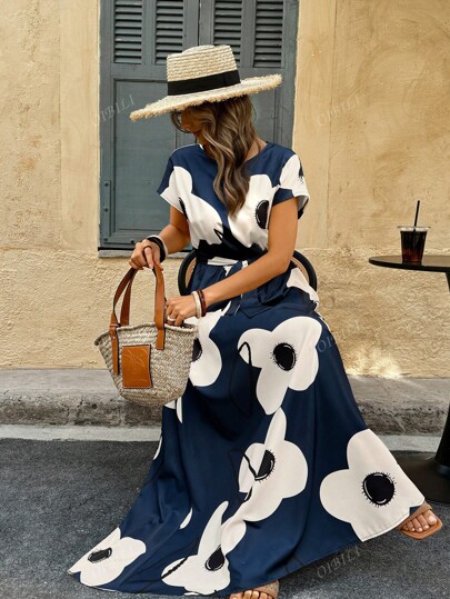 Vestido evasé con estampado aleatorio para mujeres