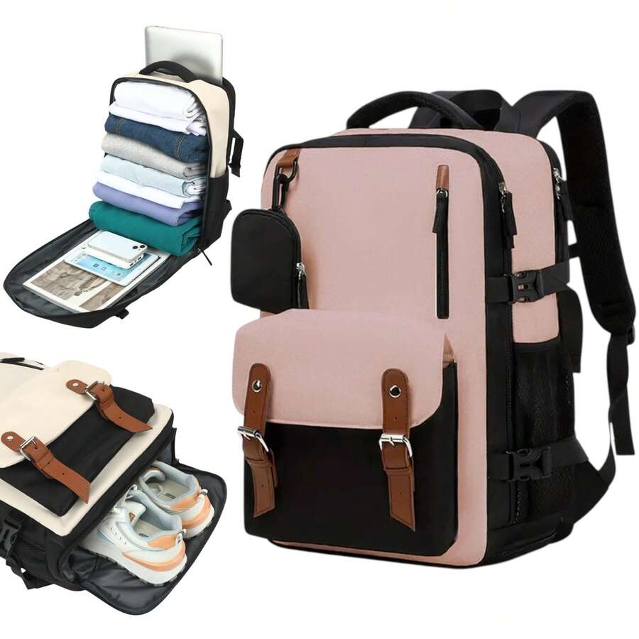 MIKOMIKA Cabin Travel Backpack 43x30x18 For Cheap Flights, Spacious Hand Luggage With Shoe Compartment And Multifunctional Anti-Theft Backpack For Travel 266 - 藕粉色 - 查看 1