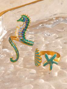 2 Pcs Stainless Steel Starfish, Seahorse, Shell Adjustable Ring Set, Beach Style Suitable For Daily Wear - Multicolor - View 6