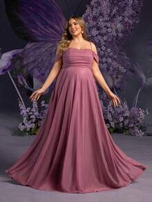 Faeriesty Vestido de maternidad de talla grande Dressalisa con tirantes ultradelgados y lazo en la espalda - Elegantes volantes en el busto y falda dramáticamente amplia para bodas de primavera/verano, fiestas formales, baby shower y eventos glamorosos (Estética floral romántica, silueta favorecedora, diseño de maternidad cómodo) - Rosa vieja - Ver 5