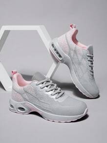 Women's Light Pink Grey Round Toe Lace Up Sneakers Breathable Shock-Absorbing Casual Shoes