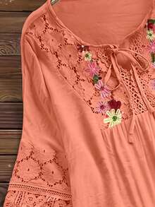 Women's Floral Embroidered Simple Casual Lace Blouse - Coral Pink - View 5