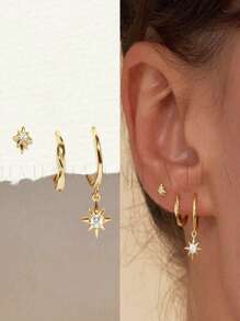 3pcs Minimalist Twisted Earrings & Star Hoop Earrings Set, Creative & Versatile Jewelry